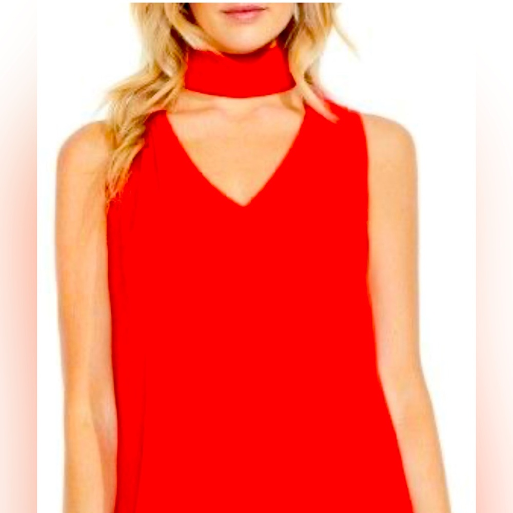 Halston Red Sleeveless Blouse with Mandarin Collar and VNeck